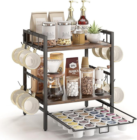 Coffee-Bar-Organizer With 25 K Cup & 12 Mup Holder, 3-Tier Kitchen Countertop Organizer For Coffee Station, Coffee Bar Shelf For Counter