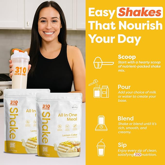 310 Nutrition All-In-One Meal Replacement Shake Powder - Plant-Based Protein Smoothie Blend w/High Fiber, Probiotics & Adaptogens - Low Carb, Vegan, Keto & Paleo Friendly - Lemon Cake - 28 Servings