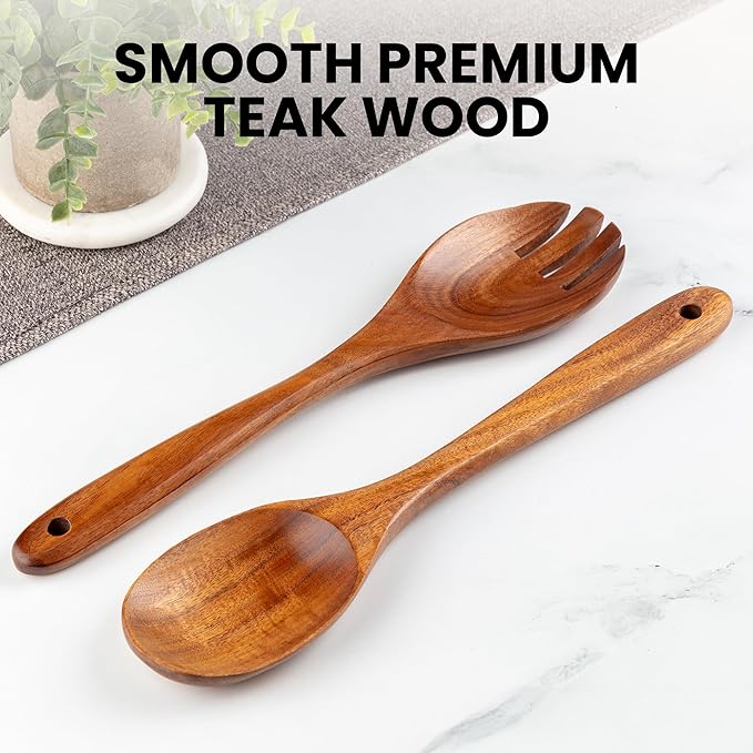 Zulay Kitchen Teak Wood Utensil Set ??2 Piece Large Wooden Salad Serving Spoon and Fork, Handcrafted Natural Teak Wood Kitchen Utensils, Durable, Nonstick Safe & Smooth Finish