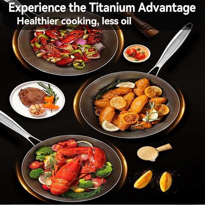 Titanium Wok for Cooking, Titanium Frying Pans, Multifunctional Ultra-Durable Scratch-Resistant Non Stick Even Heating Titanium Wok for Cooking,Includes Lid,11.02in