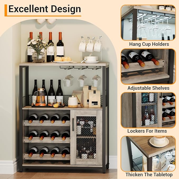Vintage Industrial Wine Bar Cabinet with Adjustable Wine Racks and Glass Holders, Mesh Door Sideboard Storage Cabinet for Living Room, Kitchen, Dining Room, Compact Design, Easy Assembly,Gray
