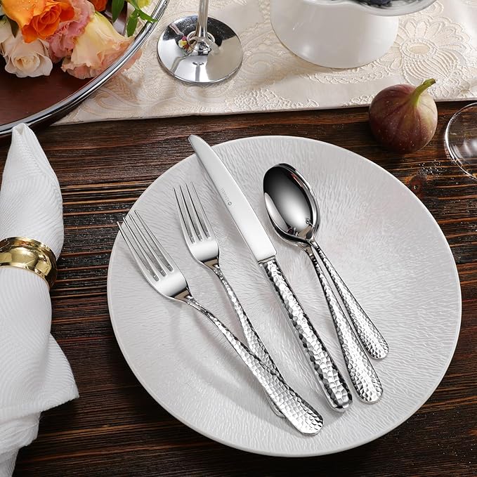 KEAWELL Premium 20/45/65 Piece Louise Hammered Silverware Set with Round Edge, 18/10 Stainless Steel, Service for 4/8/12, Fine Flatware Set, Dishwasher Safe (20)