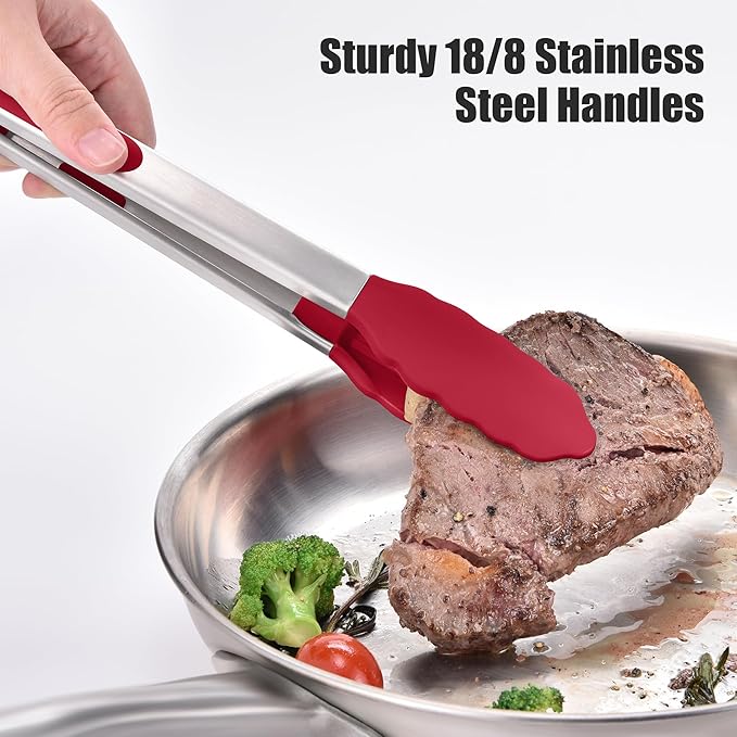 Doosu Kitchen Tongs for Cooking - 600째F Heat Resistant Food Tong Set with Non-Scratch Silicone Tips, Heavy Duty Stainless Steel Locking Tong for BBQ, Grilling Steak, Serving Salad (9+12in, Red)