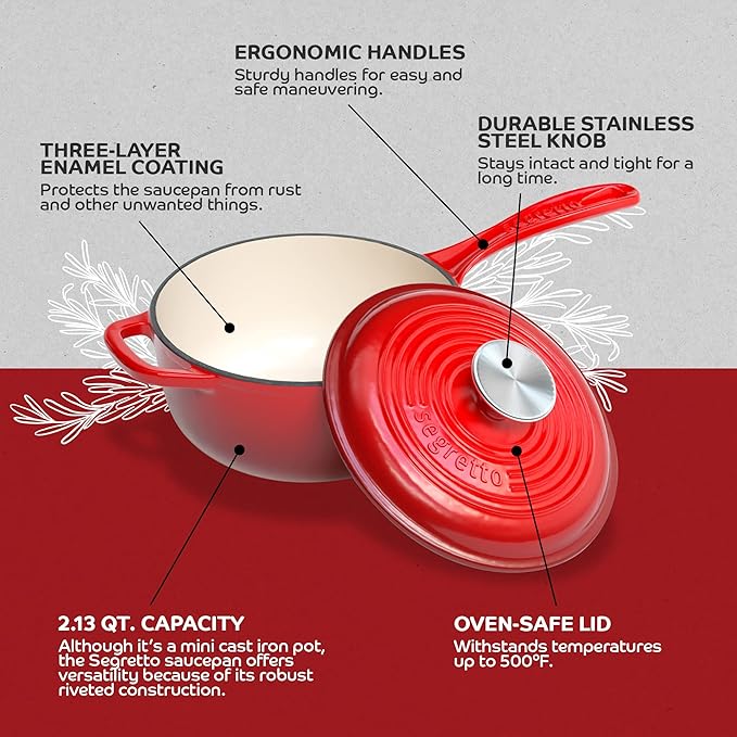 Small Sauce Pan with Lid, 2.13 QT Rosso (Gradient Red) Sauce Pot, Small Pot with Stay Cool Helper Handle and Tight-Fitting Lid - Segretto Cookware