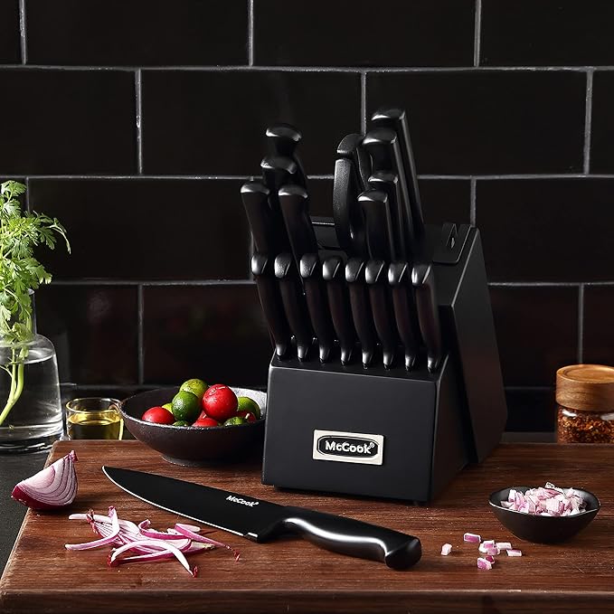 McCook짰 Premium Black Knife Sets,German Stainless Steel Kitchen Knives Block Set with Built-in Sharpener