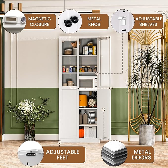 Metal Pantry Cabinet with Doors and 5 Adjustable Shelves, 72" Tall Kitchen Cupboard Storage Cabinets for Kitchen Dining Room Living Room Bathroom,Assembly Required (White)