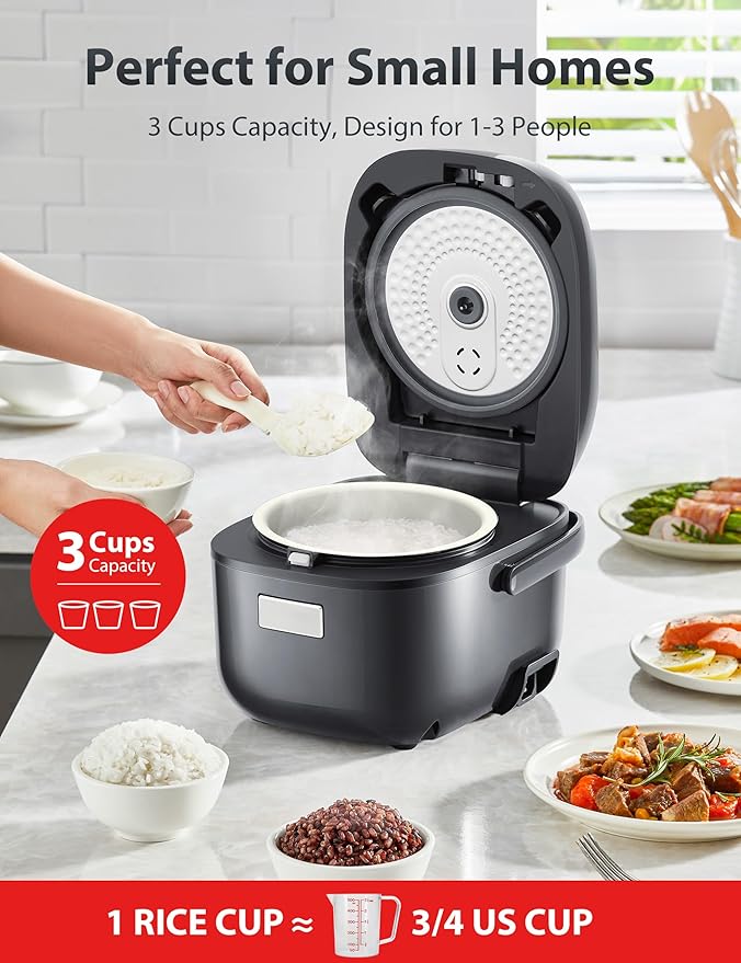TOSHIBA Rice Cooker Small 3-Cup Uncooked??LCD Display with 8 Cooking Functions: Rice, Oatmeal, Mixed Grains and More, NonStick Inner Pot, Grey