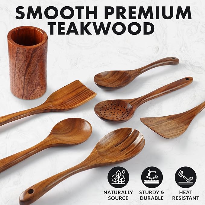 Zulay Kitchen 7-Piece Wooden Cooking Spoons Set ??Heat-Resistant, Smooth Teak Utensils with Comfort Grip ??Lightweight & Durable ??Easy to Clean, Perfect for Non-Stick Cookware