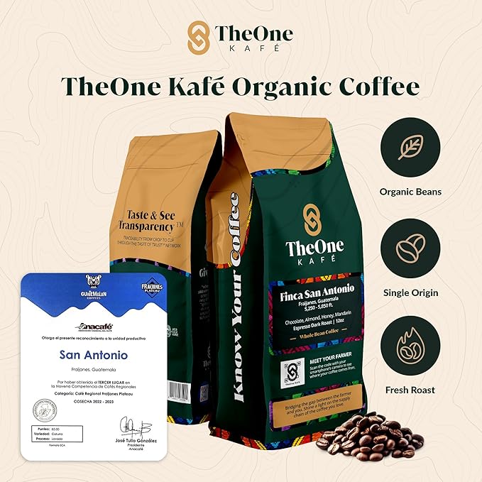 TheOne Kafé Guatemala Dark Roast Whole Bean Coffee ??Organic, Single Origin, Premium Specialty Coffee and Ethically Sourced ??Fresh Roasted for Espresso, Drip, Pour Over ??12 oz (Pack of 2)
