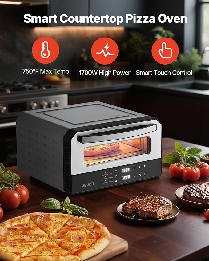 VEVOR Electric Pizza Oven, Smart Pizzas Maker Indoor with 5 Preset, 12-Inch Countertop Pizza Cooker w/Touch Srceen, 750??Max Temp, 2-Min Rapid Baking Oven Thin & Crispy, Neapolitan, Frozen, New York