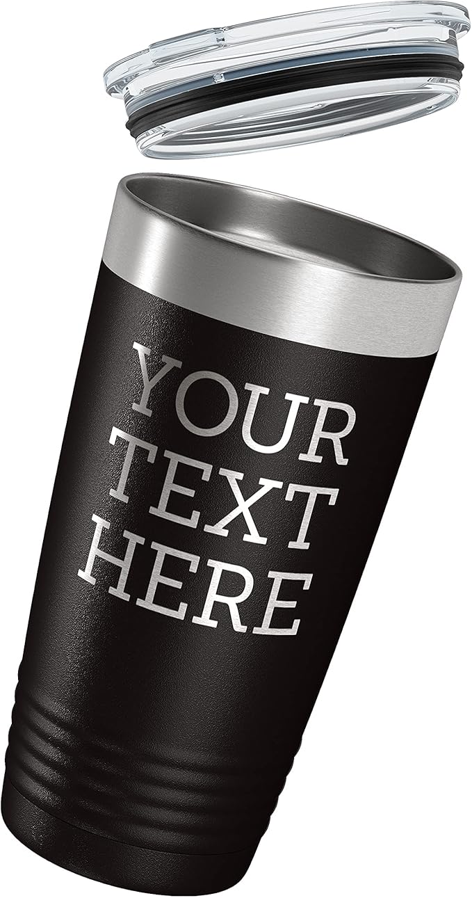 Personalized 20oz (17 Colors) Powder Coated Insulated Stainless Steel Tumbler with Lid, Custom Etched, Customized Text Message Name, Engraved Gift Idea Women Men Him Her, Your Text Here (Black)