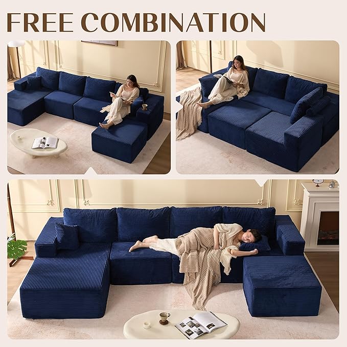 138" Boneless Couch with Deep Seat, Modular Sectional Sofa, Cloud Sectional Couch for Living Room, No Assembly Required, Corduroy, U-Shape 4 Seater Left, Blue