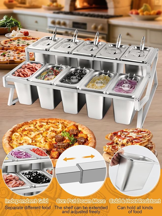 Lanstics 10 Pans Pizza Topping Station 2 Row Adjustable Pizza Storage Container Topping containers with Lids Condiment Organizers Buffet Containers Set for Restaurant Pizza Sauce Jam Fruit Ingredient