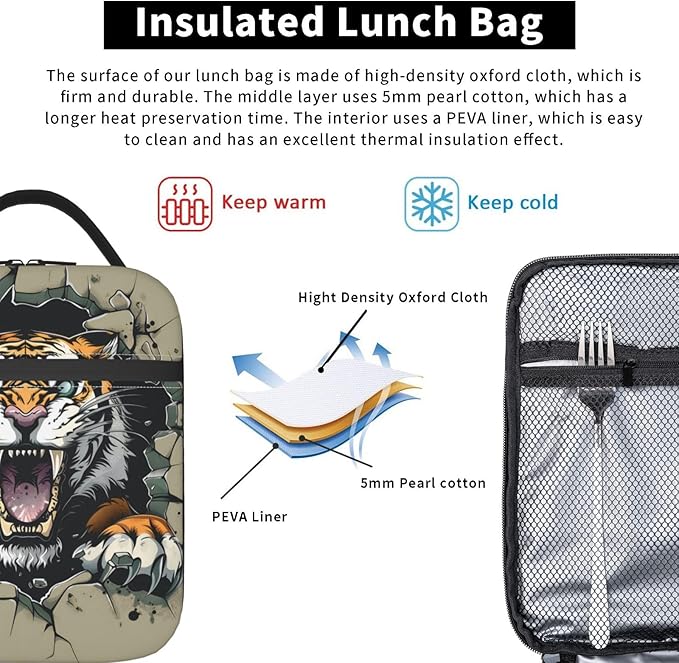 VANZEV Insulated Lunch Box for Women Men, Tiger Animal Theme Lunch Box Reusable Portable Lunch Bag Cooler Tote Waterproof Lunch Container for Office Picnic Work Travel