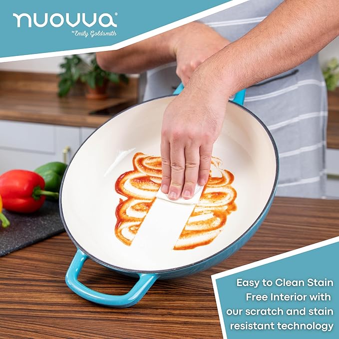 Shallow Cast Iron Casserole with Lid ??Non Stick Dutch Oven Pot, Oven Safe up to 500째 F ??Sturdy Ovenproof Stockpot Cookware ??Enamelled Cooking Pot ??Blue, 5-Quart, 32cm ??by Nuovva