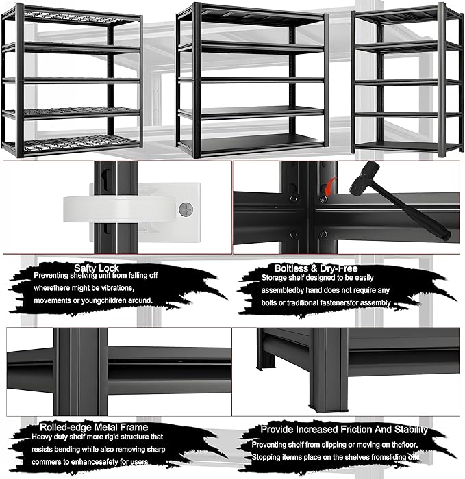 Storage Shelving Unit Adjustable Heavy Duty Garage Shelves Metal Organizer Utility Rack for Kitchen Pantry Basement Pantry Warehouse Laundry Black 2750LBS 72" H x 35" W x 15.8" D 5-Tier