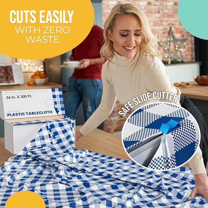 Party Solids 54 Inch X 300 Feet Blue Gingham Plastic Table Cover Roll in A Cut - to - Size Box with Convenient Slide Cutter. Cuts Up to 36 Rectangle 8 Feet Plastic Disposable Tablecloths
