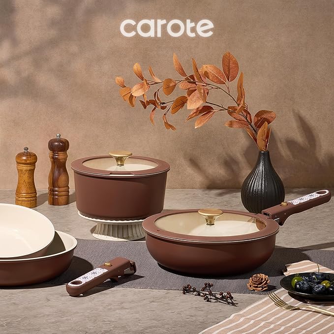 CAROTE 21Pcs Ceramic Cookware Set, Pots and Pans Set Non stick, Non Toxic Cookware Detachable Handle, Kitchen Cooking Set - Induction Cookware, Dishwasher/Oven Safe, PFAS Free, Chocolate