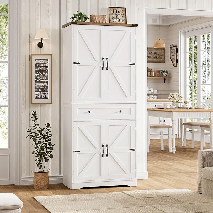 HOSTACK 71" Tall Pantry Cabinet, Farmhouse Kitchen Pantry with Storage Shelves, Barn Doors Food Storage Cabinet, Freestanding Kitchen Hutch with Large Drawer for Living Room, White + Rustic Brown