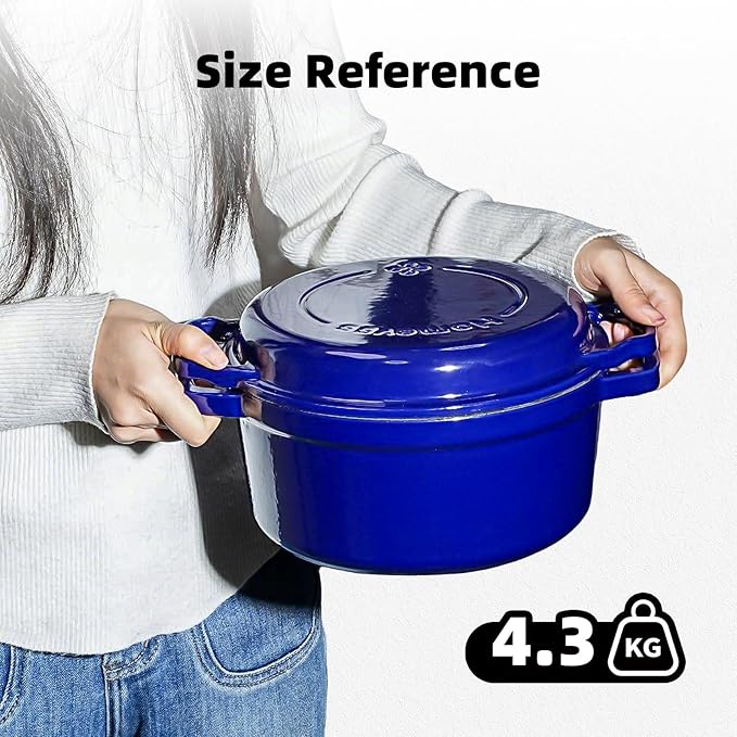 2-in-1 Enameled Cast Iron Braiser Pan with Grill Lid - 5-Quart Small Dutch Oven, Non-Stick Cookware Multi Cooker for Bread Baking Cooking Stewing, Suit for All Cooktops, Dual Handles & Oven Safe, Blue