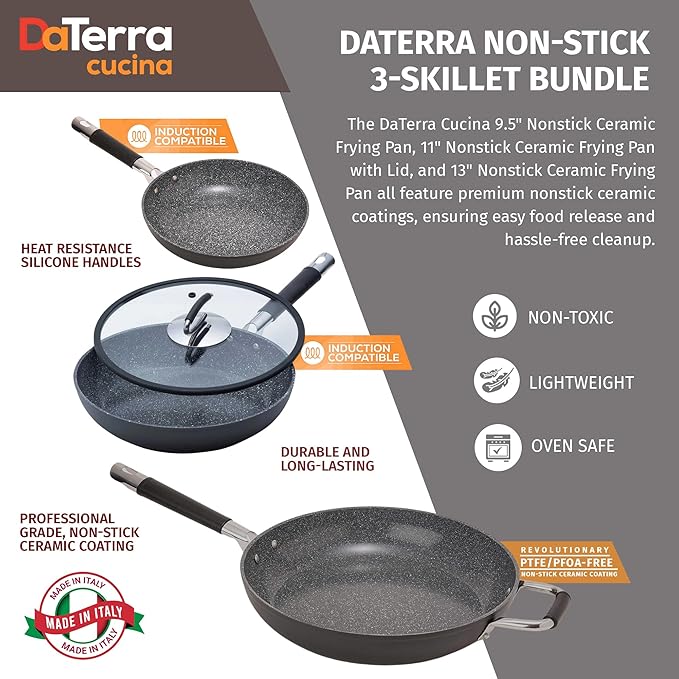 DaTerra Cucina Nonstick 3-Skillet Bundle ??9.5" and 13" Fry Pans, 11" Fry Pan with Glass Lid, Oven Safe, Nonstick Cookware, PTFE & PFOA Free, Durable Ceramic Coating - Made in Italy, Volcanic Black