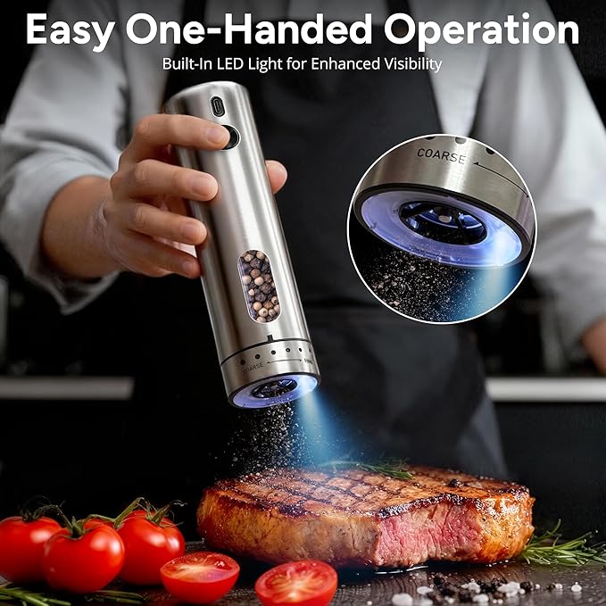 Electric Salt and Pepper Grinder Set, Rechargeable Automatic Salt and Pepper Shakers Mills, 110ml Large Capacity, Stainless Steel, Adjustable Coarseness, LED Light & Base, Ideal for Kitchen & Gifts