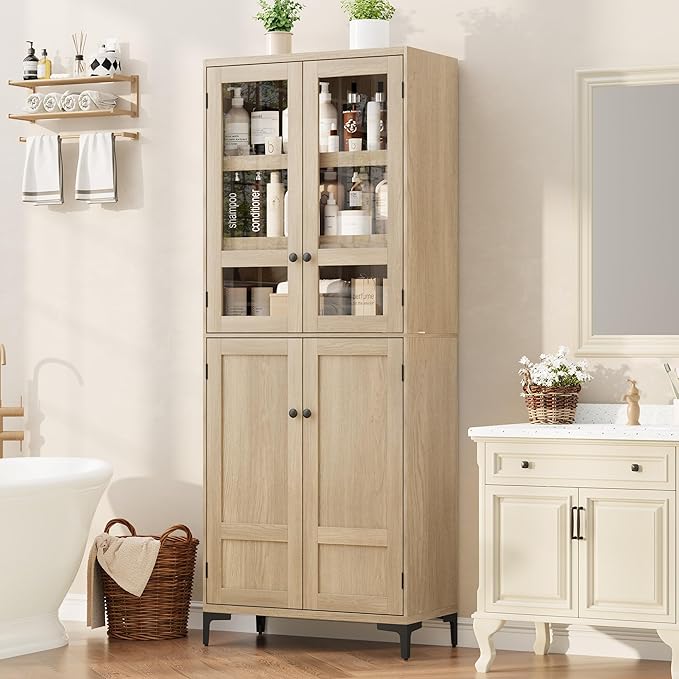 IDEALHOUSE Tall Storage Cabinet with Glass Doors, 71" Height, Adjustable Shelf, Light Oak Wood, Multi-Purpose Organizer for Kitchen Pantry and Bathroom (Natural Wood, 4 Doors with Glass)