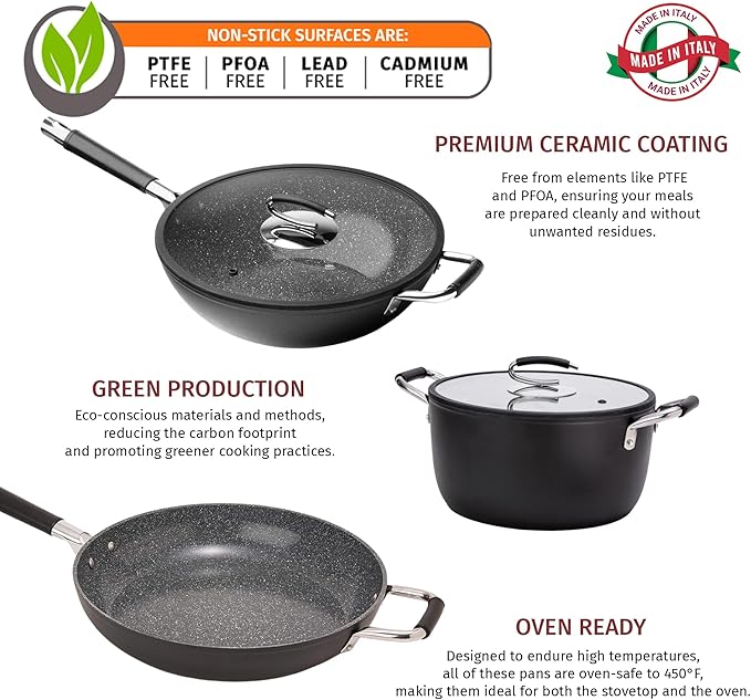 DaTerra Cucina Nonstick Family Bundle ??13" Frying Pan, 13" Wok with Lid, 8 Qt Dutch Oven with Lid ??Oven Safe, Ceramic Nonstick, PTFE & PFOA Free ??Made in Italy, Volcanic Black Speckled
