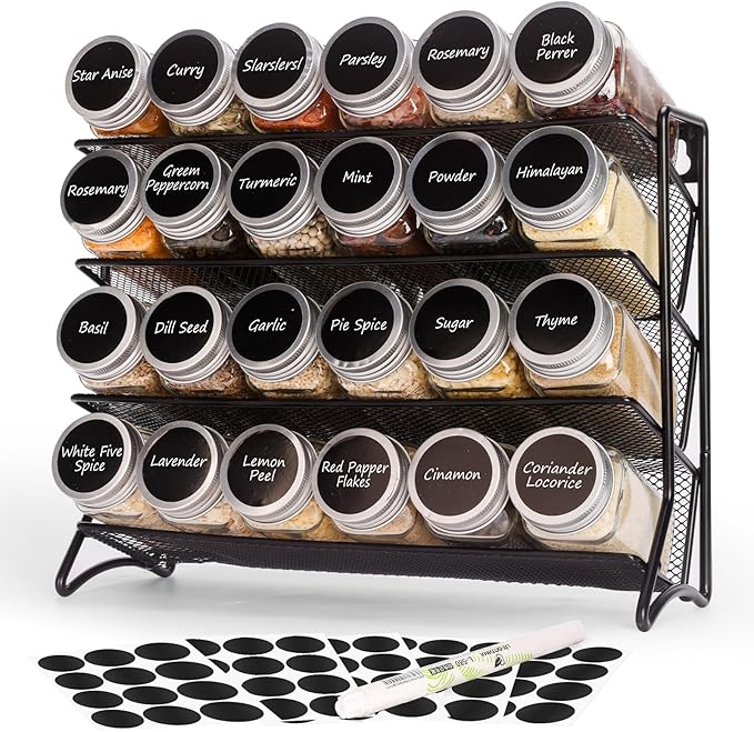 DIDITIME Spice Rack Organizer with 24 Glass Jars and 60 Spice Labels, Seasoning Organizer for Kitchen, Countertop, Cabinet, Pantry, Cupboard竊똕pice Organization for Cabinet竊?Space-Saving & Tidy