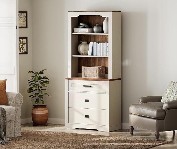 WAMPAT 3 Tier Pantry Cabinet with Drawer,73.3" Tall Floor Standing Cupboard,Modern Farmhouse Display Kitchen Buffet with Adjustable Shelves for Dining Room,Living Room,Rustic White