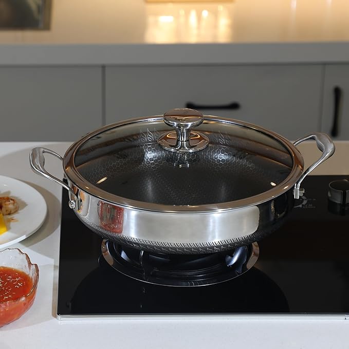 316L Stainless Steel 8QT Frying Pan Hex Nonstick Wok with Lid, Two Handle to Hold, PFOA Free, Dishwasher Oven Safe (8QT)