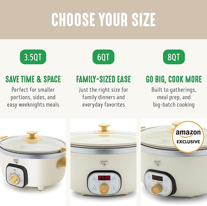 GreenLife 8QT Slow Cooker, Non-Toxic PFAS-Free Ceramic Nonstick Removable Interior Bowl, Programmable, Family Friendly, Keep Warm, Stovetop & Oven Safe, Dishwasher Safe Crock, Timer, Glass Lid, Cream