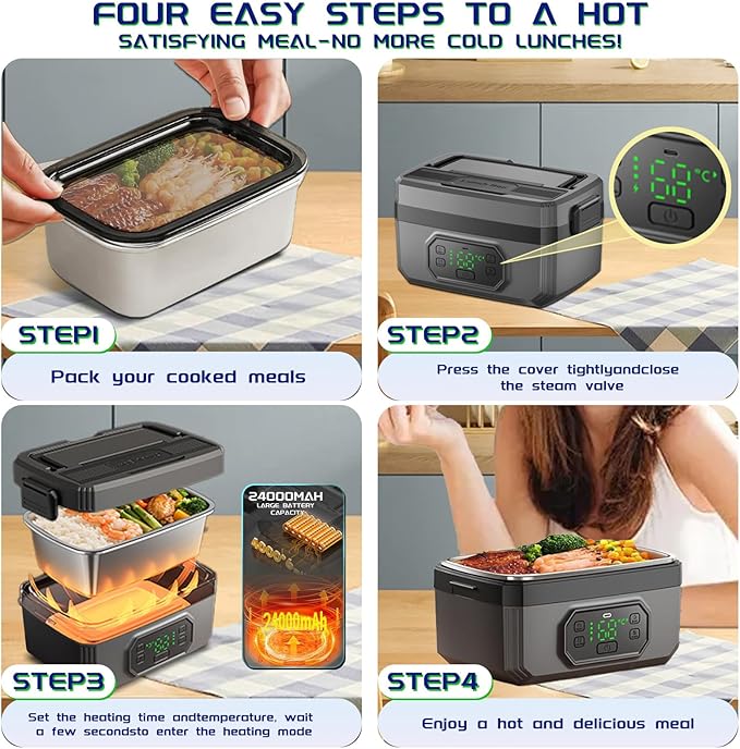 Electric Lunch Box For Adults - 1.6L Cordless Electric Lunch Box 24000mAh Battery-Powered Heated, 5-Sided Heating & Smart Reservation | Portable Heated for Office, Truck, Camping