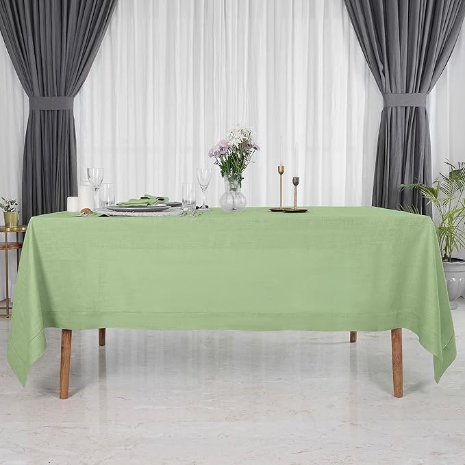 D'Moksha Homes Sage Green Linen Tablecloth for Rectangle Tables 60 x 144 Inch - 100% Pure Linen Green Table Cloth - Classic Hemstitch, Machine Washable Dining Tablecloth for St Patricks Day, Easter