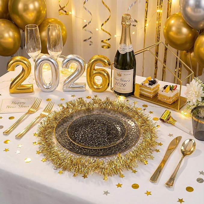 DaYammi 100 Pcs Black Gold Plastic Plates - 10 inch Clear Black Gold Dinner Plates - Hammer Pattern Design - Fancy Disposable Plate - Heavy Duty Party Plate Ideal for New Year Party and Wedding