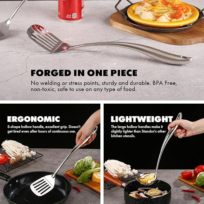 18/10 Stainless Steel Kitchen Utensils Set with Holder - 15??Spatula Spoon Set with Storage Organizer for Countertop, Fork, Tongs, Spatula, Ladle, Skimmer, Turner, Spaghetti, Large Spoon Set of 12