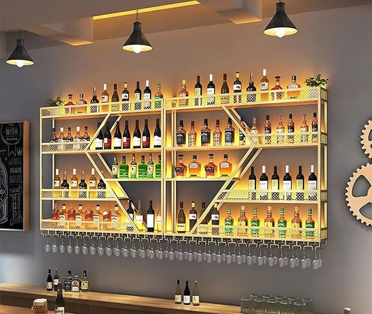 118 Inch 4 Tier Metal Wine Rack Wall Mounted, Modern Bar Shelves Wall Mounted Wine Rack with LED Light, Liquor Shelf Wall Mounted, Bar Shelves for Liquor Bottles (Gold with Warm Led, 118-4 Tier)