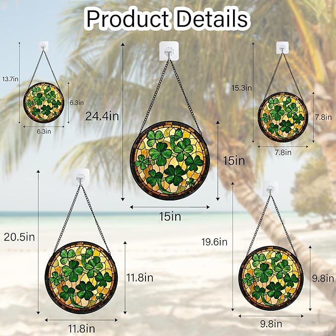 Stained Glass Window Hanging Green Retro Lucky Clover Large 15" - Suncatcher Door Garden Sun Catcher Ireland Decor Birthday Mother's St. Ripack's Day Gift for Woman Mom Men Friend Nana Wife