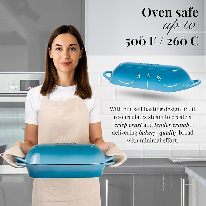 Enamelled Cast Iron Bread Loaf Pot ??Dutch Oven For Sourdough Bread Baking ??Oven Safe Non Stick Bread Pot ??Rectangular, Light Blue, 34cm x 16cm ??by Nuovva