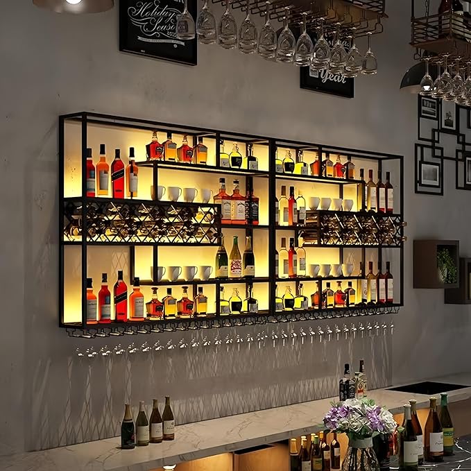 79 Inch Iron Wall Mounted Wine Rack & Bar Shelf for Liquor Bottles, Industrial Wall Bar Shelf with LED Lights, Large Capacity Metal Hanging Goblet Rack for Kitchen, Dining Room, Black