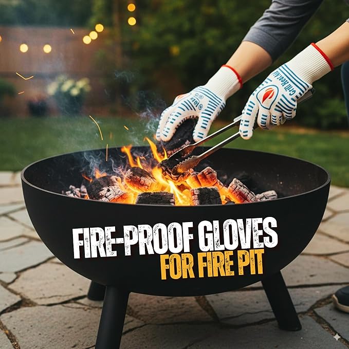 GRILL HEAT AID BBQ Grill Gloves 1472째F - Extreme Heat Resistant Oven Mitts for Grilling, Smoker & Fire Pit with Silicone Grip & EN407 Cut Resistance - Short Cuff, White & Blue