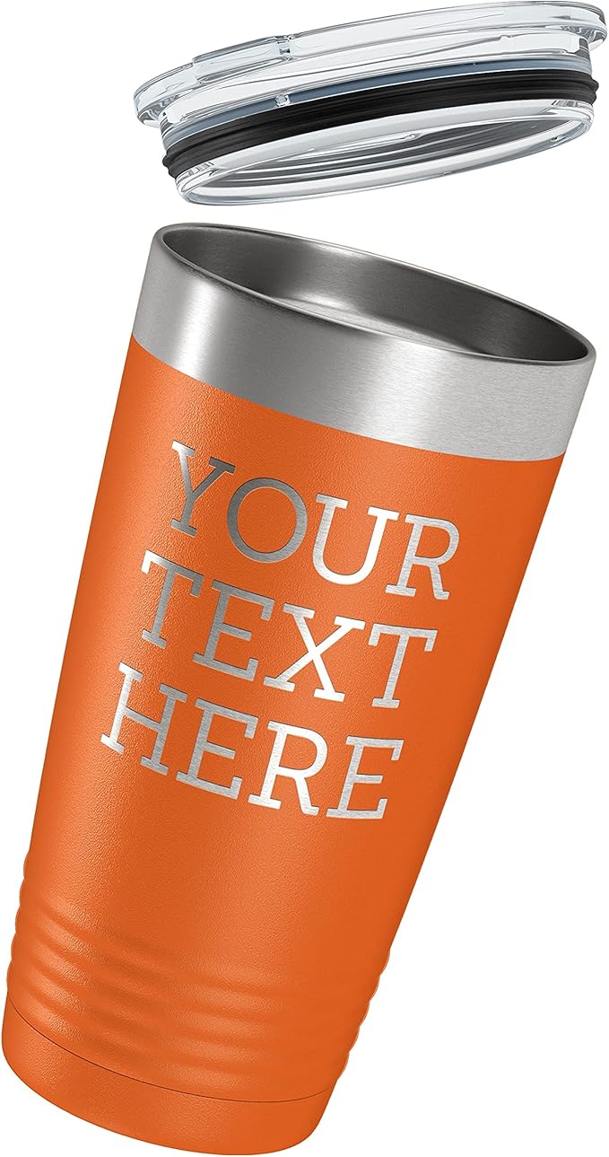 Personalized 20oz (17 Colors) Powder Coated Insulated Stainless Steel Tumbler with Lid, Custom Etched, Customized Text Message Name, Engraved Gift Idea Women Men Him Her, Your Text Here (Orange)