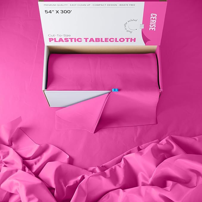 Party Solids 54 Inch X 300 Feet Cerise Plastic Table Cover Roll in A Cut - to - Size Box with Convenient Slide Cutter. Cuts Up to 36 Rectangle 8 Feet Plastic Disposable Tablecloths