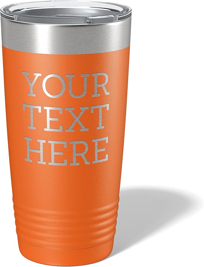 Personalized 20oz (17 Colors) Powder Coated Insulated Stainless Steel Tumbler with Lid, Custom Etched, Customized Text Message Name, Engraved Gift Idea Women Men Him Her, Your Text Here (Orange)