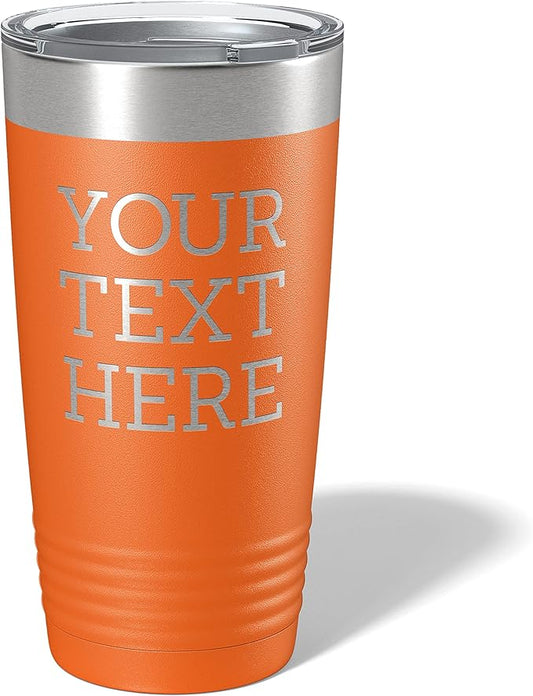 Personalized 20oz (17 Colors) Powder Coated Insulated Stainless Steel Tumbler with Lid, Custom Etched, Customized Text Message Name, Engraved Gift Idea Women Men Him Her, Your Text Here (Orange)