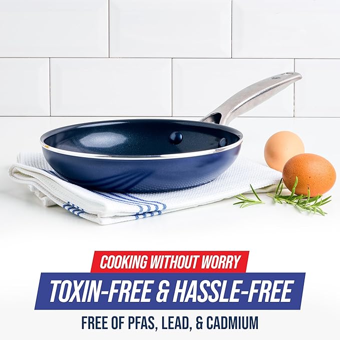 Blue Diamond Frying Pan 8??Skillet, Diamond Infused Healthy Ceramic Nonstick, PFAS and PFOA-Free, Dishwasher and Oven Safe, Even Heating, Metal Utensil Safe, Warp Control Base, Blue (Pack of 4)