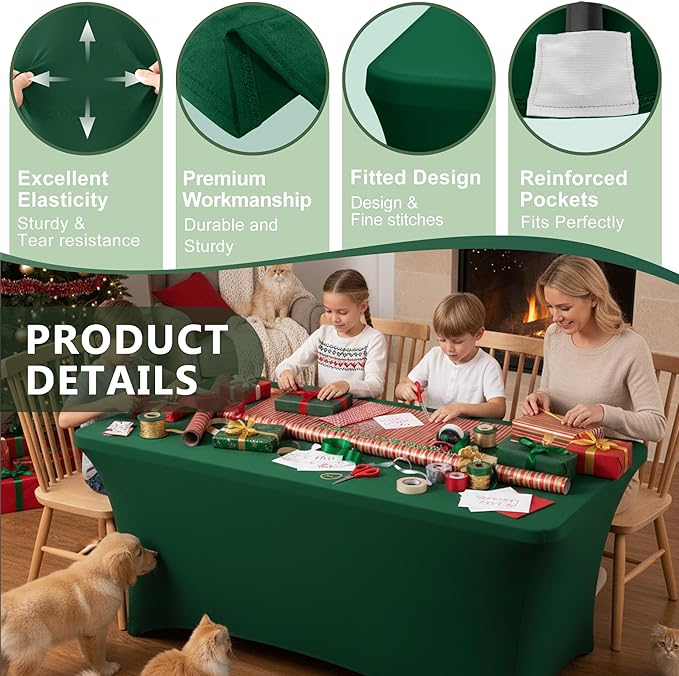 Enjoyidea Table Cover for 6 Foot Rectangle Tables-6 Pack Hunter Green Fitted Stretch Tablecloth-Spandex 6ft Christmas Tablecloth for Party, Vendor Booth Display, Banquet Buffet Event, Craft Trade Show