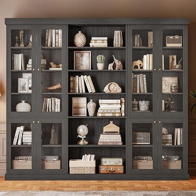 Vyre 70.8" Tall Farmhouse Bookshelf with Glass Doors, Modular Bookcase with 6-Tier Adjustable Shelves, Large Storage Cabinet for Kitchen, Living Room, Black, Set of 3