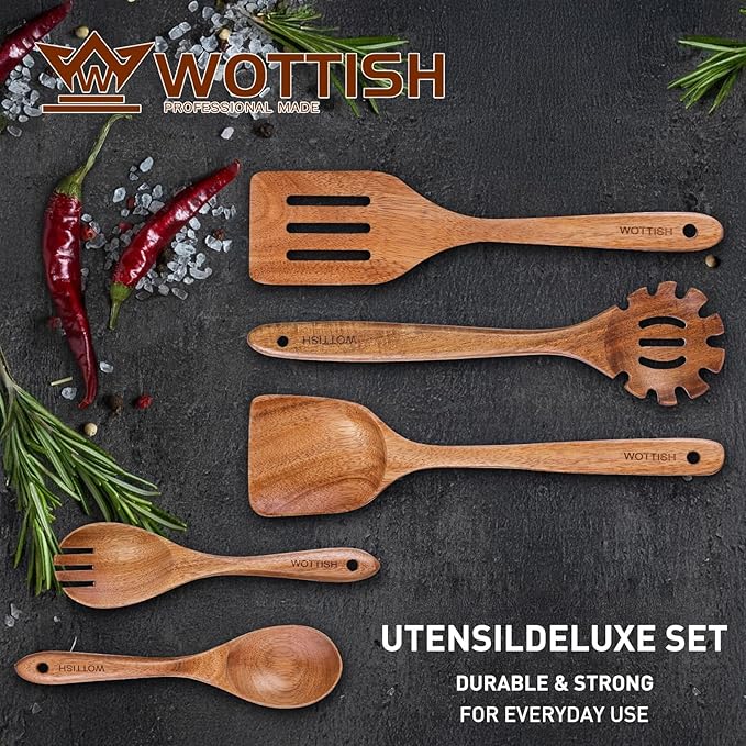 Wooden Spoons for Cooking - 5-Piece Wooden Kitchen Utensil Set made of Natural Solid Wood Material - Includes Salad Spoons, Spaghetti Spoon,Slotted Spatula, Salad Fork, Flat Spatula(A05)