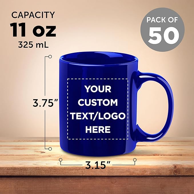 Custom Ceramic Coffee Mugs 11 oz. Set of 50, Personalized Bulk Pack - Coffee cup set, Iced coffee cup, Gaming mug - Cobalt Blue